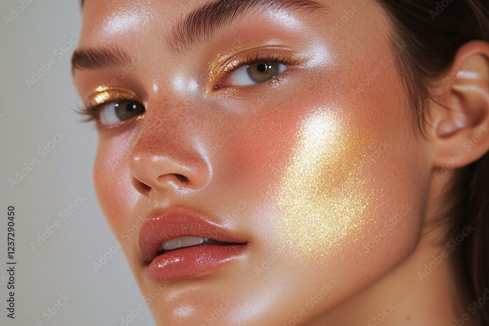 Model showcases radiant makeup highlighting natural beauty and glowing skin during a beauty shoot in a studio setting Model showcases radiant makeup highlighting natural beauty and glowing skin during a beauty shoot in a studio setting