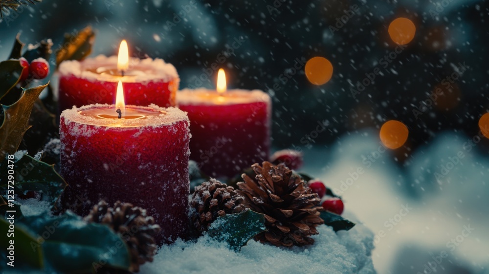 Festive red candles in snowy winter setting with pinecones and holly Festive red candles in snowy winter setting with pinecones and holly