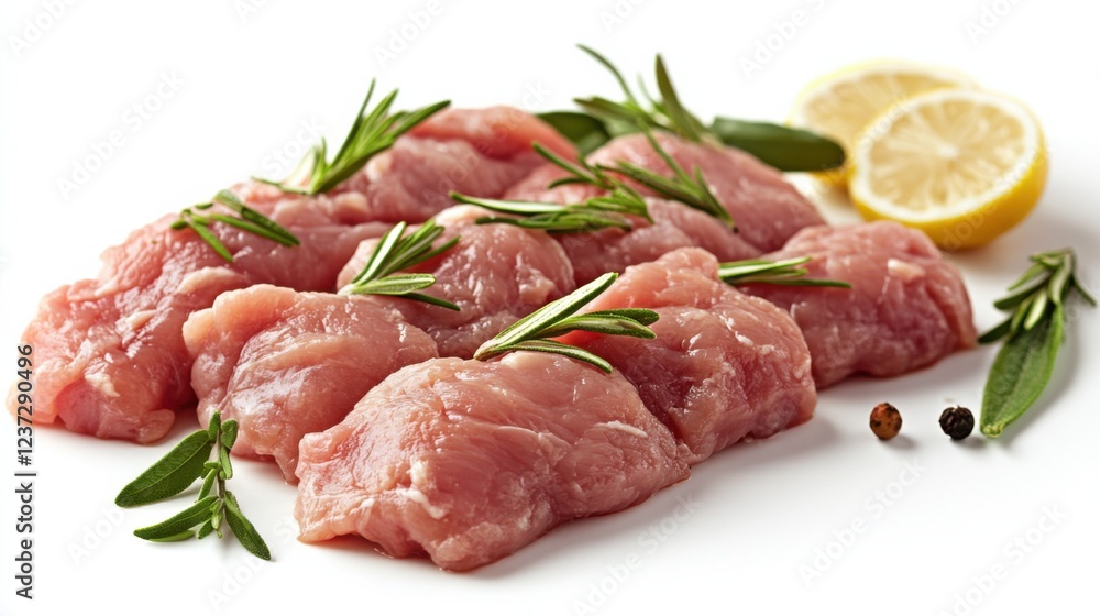 Fresh raw pork slices garnished with rosemary and lemon on white background Fresh raw pork slices garnished with rosemary and lemon on white background