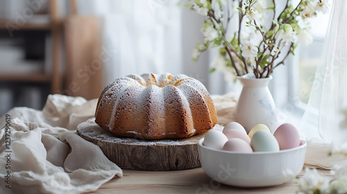 A springtime scene with a delicious powdered bundt cake, pastel eggs, and blooming branches. photo