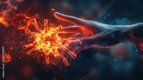 Human hands glowing as they fight viral particles, [resilience, health symbolism], inspiring art of human strength against disease.