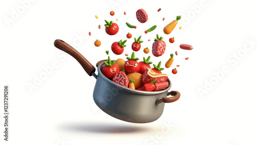 Cooking kitchen pot or saucepan, kitchenware with meat and vegetables flying under lid, 3D realistic vector illustration isolated on white background.