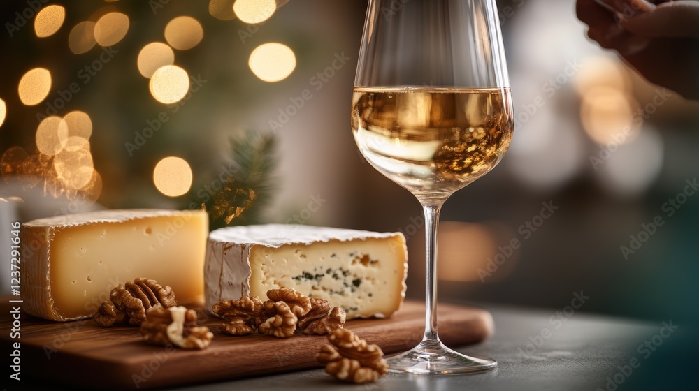 Fototapeta premium Elegant cheese and wine pairing with a glass of white wine, aged cheese, and walnuts on a wooden board. Warm festive lights create a cozy, luxurious ambiance perfect for gourmet dining