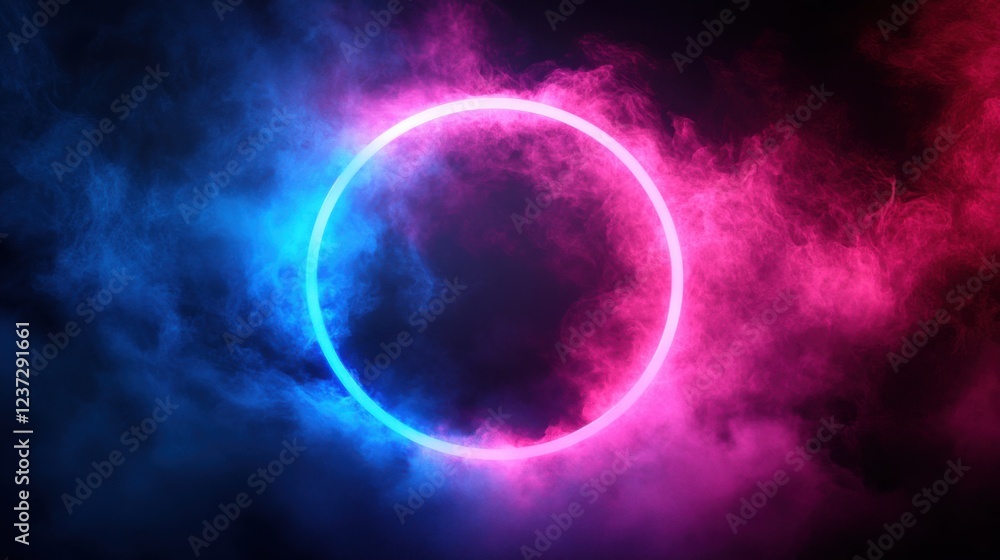 Fototapeta premium Neon circle amidst vibrant pink and blue smoke on a dark background