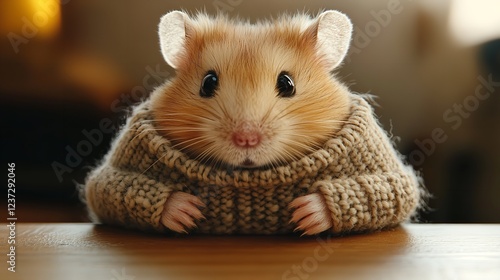 Close-Up of Hamster in Knitted Sweater, Paws Resting on Wooden Table, Staring at Camera photo