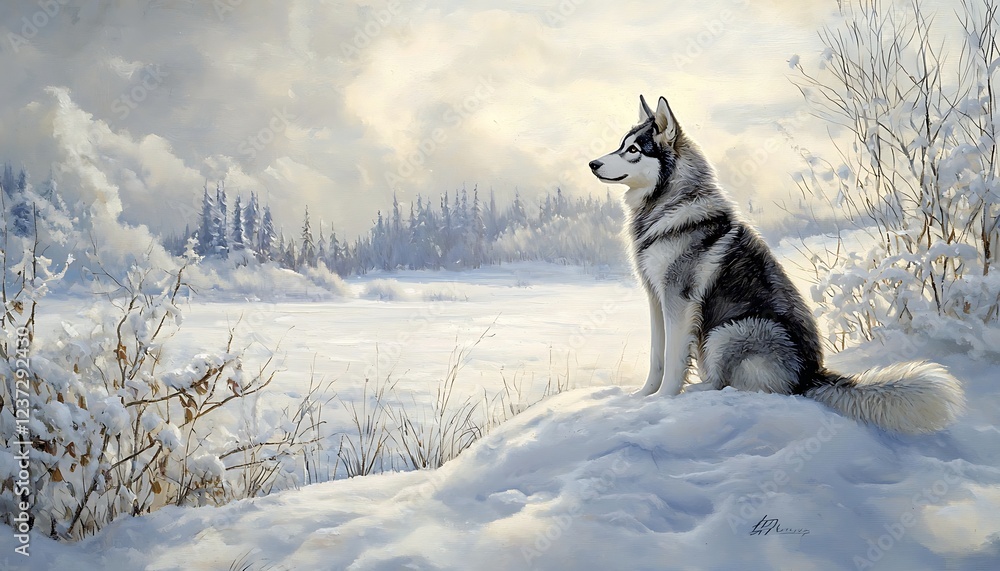 Husky dog sitting majestically in the snow, embracing the frosty winter landscape. Husky dog sitting majestically in the snow, embracing the frosty winter landscape.