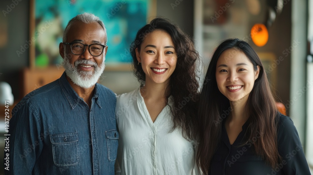 Group of diverse smiling people in casual attire, multigenerational family setting Group of diverse smiling people in casual attire, multigenerational family setting