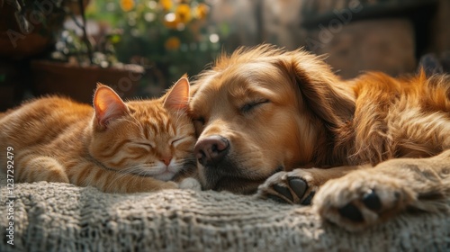 Wallpaper Mural Peaceful cat and dog sleeping together on cozy blanket in sunny garden setting Torontodigital.ca