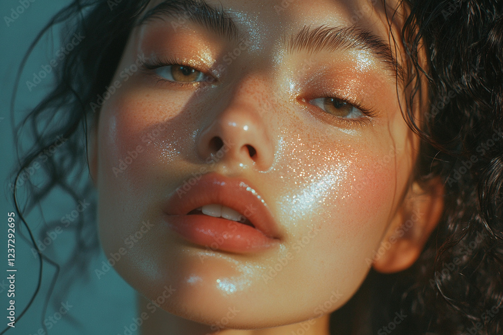 Glowing beauty portrait of a young woman with curly hair and radiant skin under soft natural lighting Glowing beauty portrait of a young woman with curly hair and radiant skin under soft natural lighting