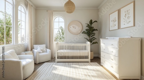 Cozy nursery with crib, armchairs, and large windows in soft natural light