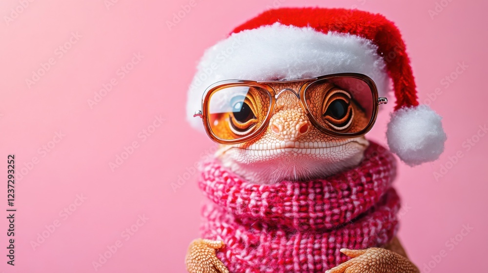 Obraz premium Lizard in santa hat and sunglasses with pink scarf against pastel pink background