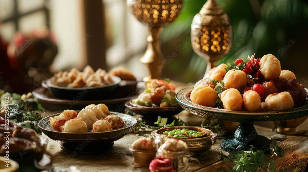 A Luxurious Feast: A Table Set with an Array of Delicious Middle Eastern Dishes A Luxurious Feast: A Table Set with an Array of Delicious Middle Eastern Dishes