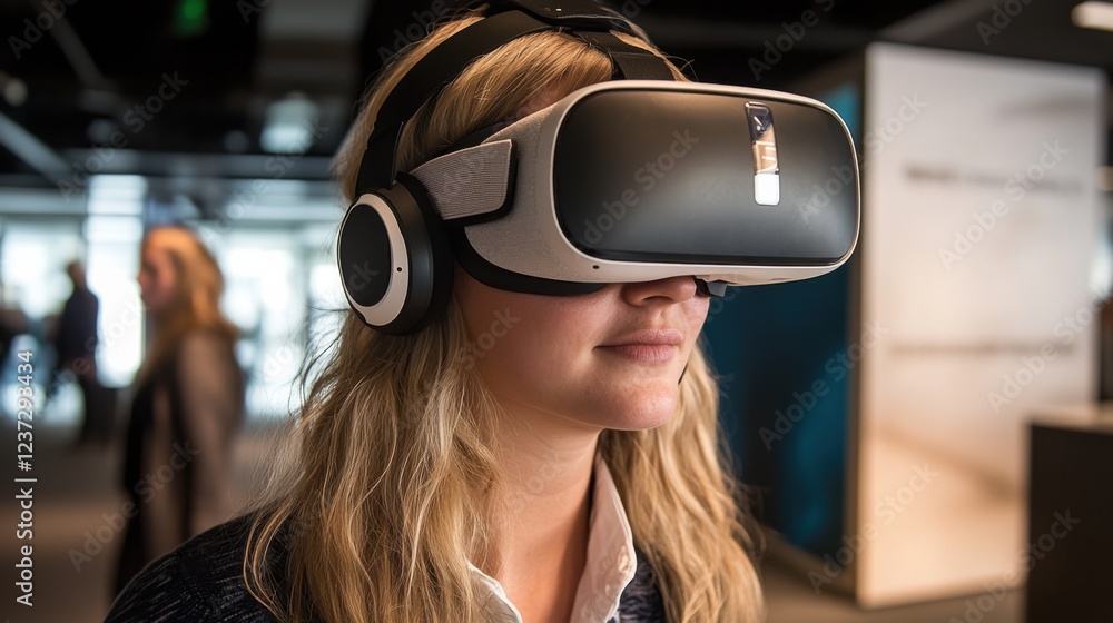Woman using virtual reality headset in modern indoor setting Woman using virtual reality headset in modern indoor setting