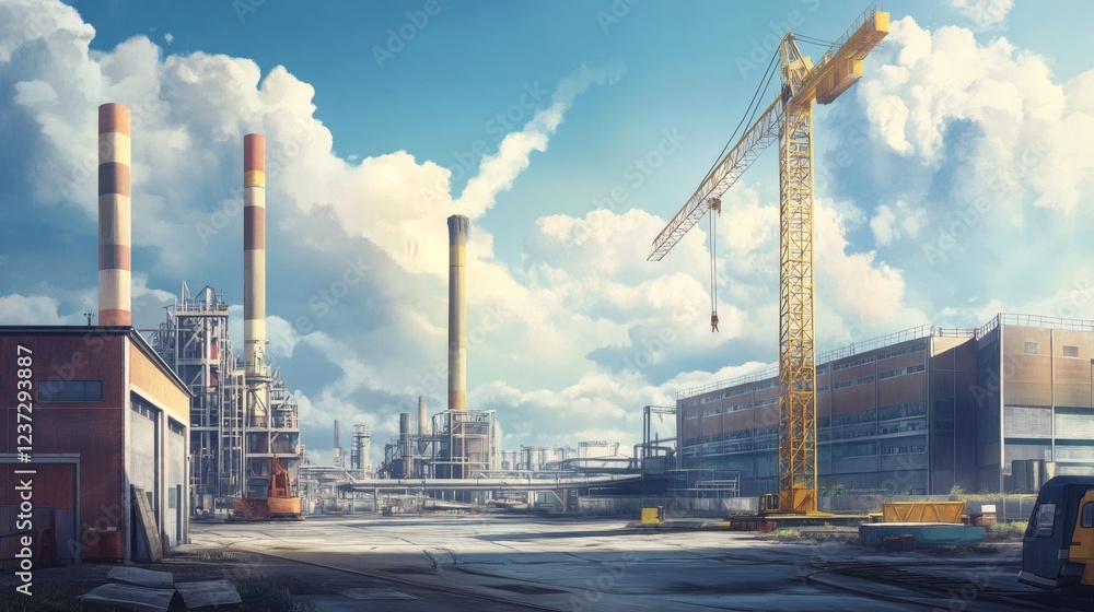 Industrial Landscape with Crane and Smokestacks under Blue Sky Industrial Landscape with Crane and Smokestacks under Blue Sky