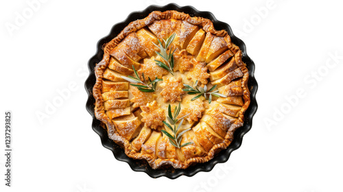 Delicious round apple pie decorated with rosemary on transparent background