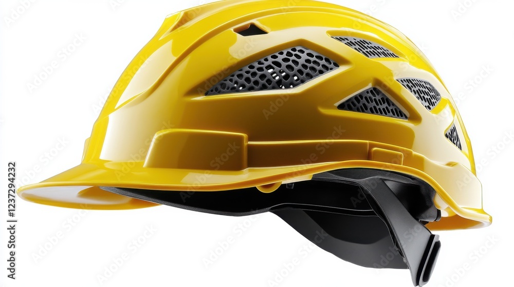 Fototapeta premium Yellow safety helmet for construction with ventilation features isolated on white background