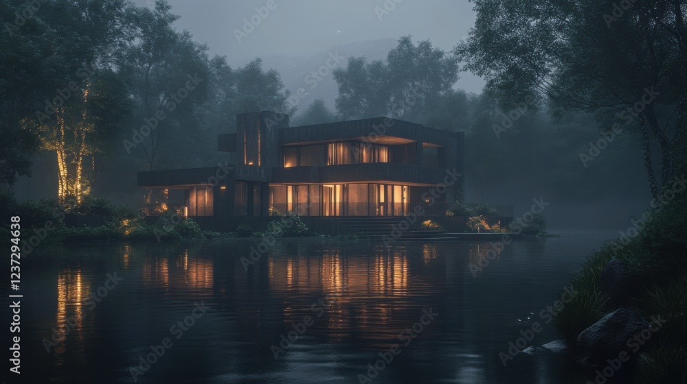 Modern lakeside house illuminated at night amidst misty forest scenery Modern lakeside house illuminated at night amidst misty forest scenery