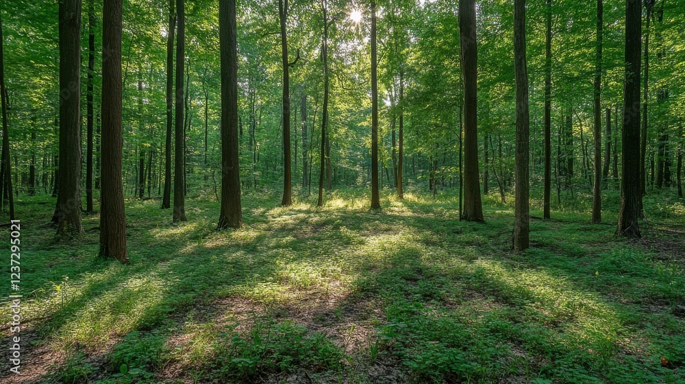 Sunlit forest glade with tall trees and green foliage in a peaceful woodland setting Sunlit forest glade with tall trees and green foliage in a peaceful woodland setting