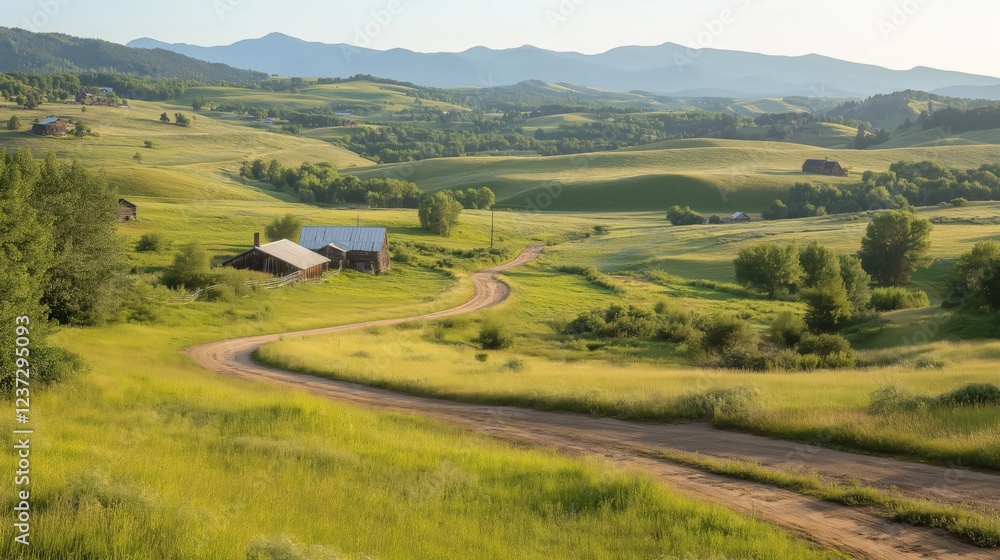 Winding Dirt Road Through Sunny Green Valley, Rustic Houses and Distant Mountains Winding Dirt Road Through Sunny Green Valley, Rustic Houses and Distant Mountains