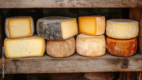 Selection of artisanal aged cheeses with different textures and natural rinds on rustic wooden shelves, showcasing gourmet craftsmanship and rich flavors
