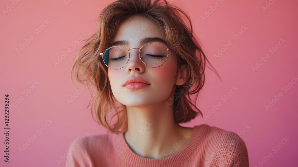 Young woman with glasses relaxing in a peaceful moment against a pink gradient background Young woman with glasses relaxing in a peaceful moment against a pink gradient background
