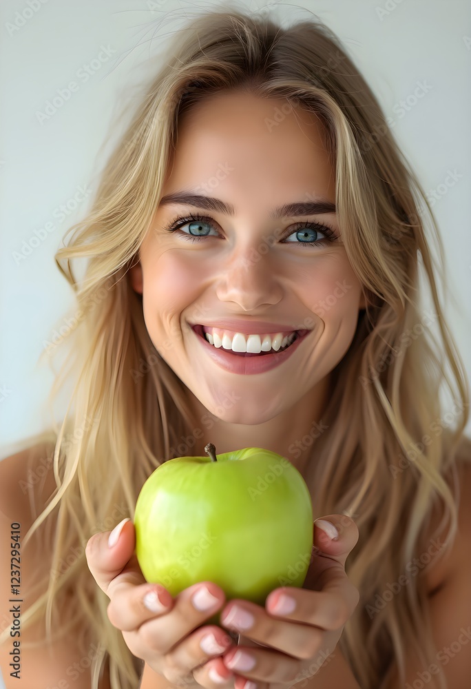 A cheerful young woman with long blonde hair smiles while holding a vibrant green apple. The bright setting enhances her positive energy, conveying a sense of health and happiness. A cheerful young woman with long blonde hair smiles while holding a vibrant green apple. The bright setting enhances her positive energy, conveying a sense of health and happiness.