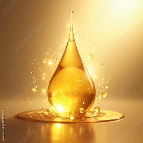 Golden oil drop with magic light energy vortex surrounded by sphere golden droplets. Realistic cosmetic essential oil or omega 3 vitamin advertising element - isolated vector illustration