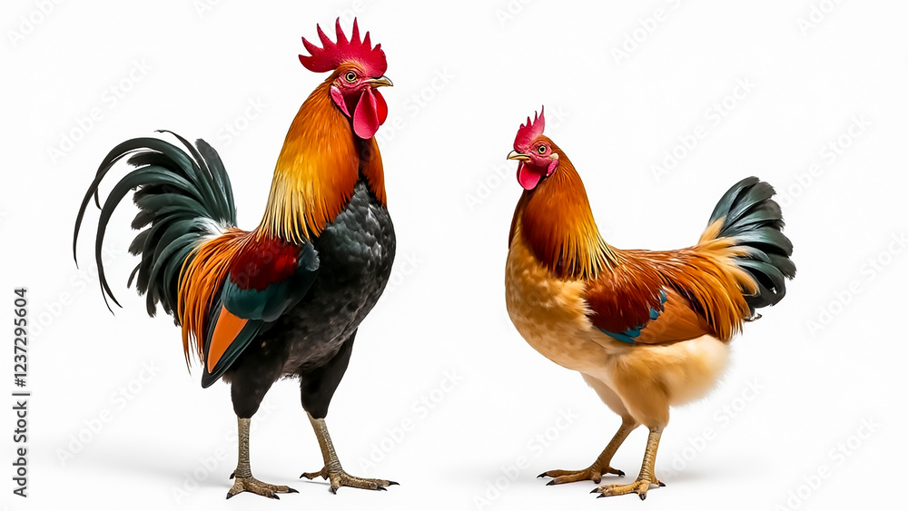 Fototapeta premium Two roosters stand side by side, their bright feathers glistening in the light. One rooster sports a striking black and orange plumage, while the other has a softer golden hue.