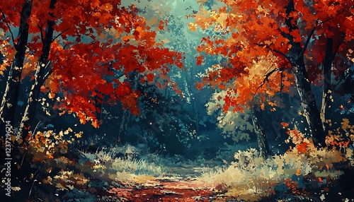 Oil painting-style depiction an autumn forest with vivid colors