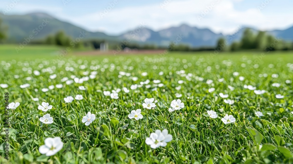 White flowers meadow, mountain backdrop, sunny day, nature scene, ideal for travel brochures White flowers meadow, mountain backdrop, sunny day, nature scene, ideal for travel brochures