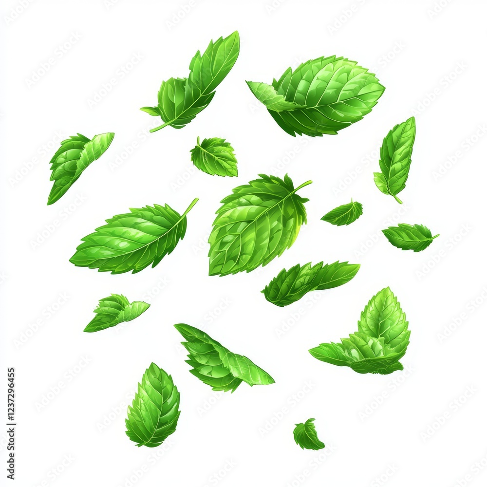 Falling mint leaves, white background, food design Falling mint leaves, white background, food design