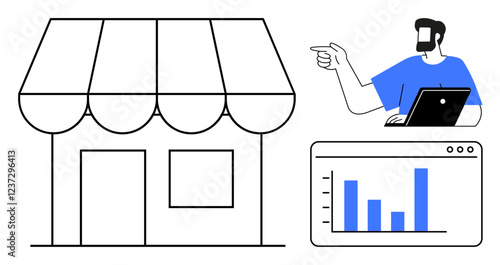 Man points while working on laptop, analyzed data shown in bar chart, storefront with awning represents local business. Ideal for business strategy, analytics, e-commerce, marketing