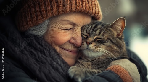 Elderly Woman Smiling While Cradling Her Gentle Cat, Expressing Love and Companionship photo