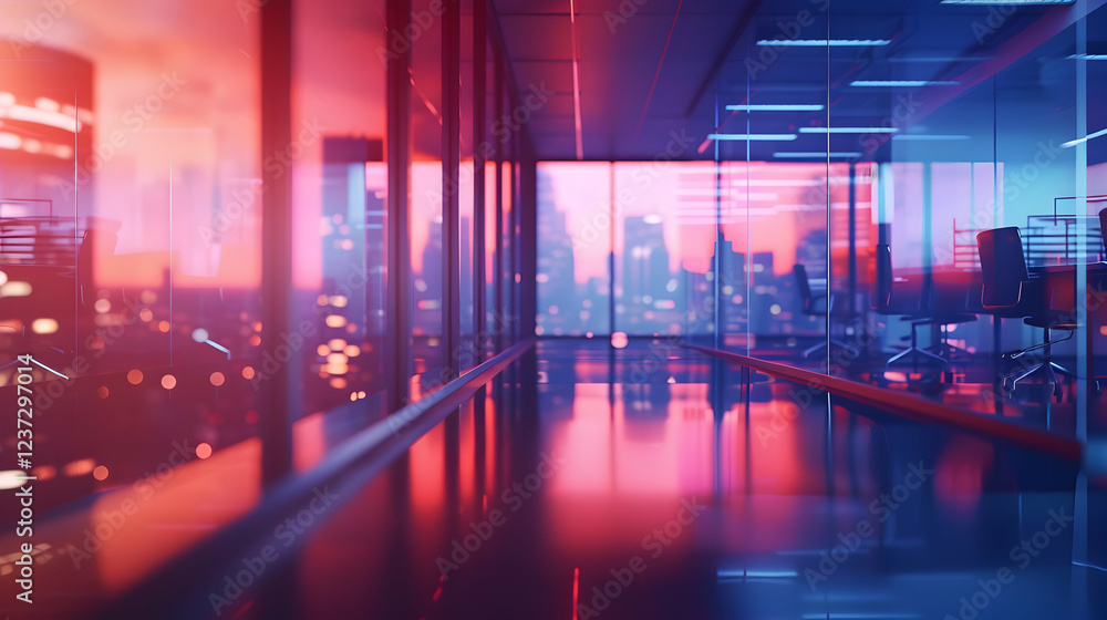 Fototapeta premium A modern office corridor illuminated by colorful city lights at dusk.