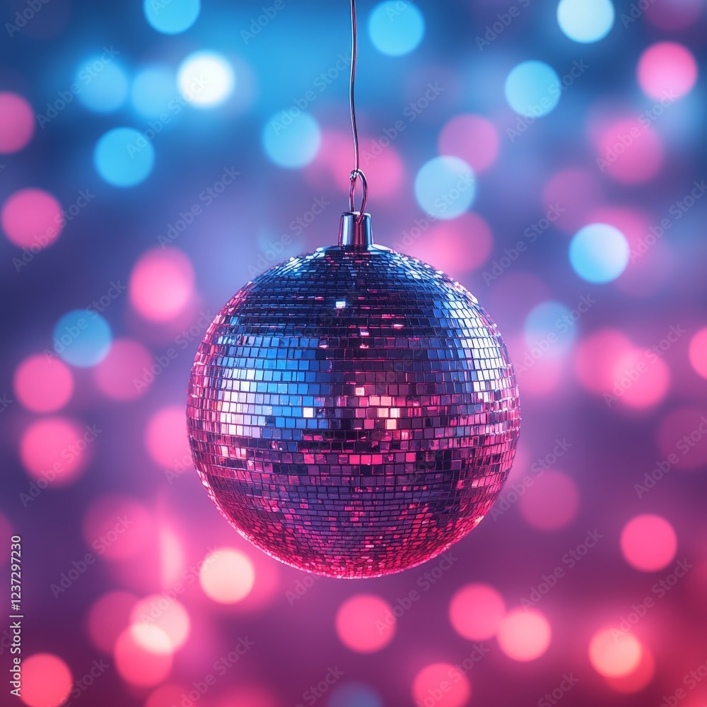 Fototapeta premium A vibrant disco ball reflecting colorful lights against a dreamy pink and purple background. Perfect for party invitations, club promotions, nightlife, and retro-themed visuals