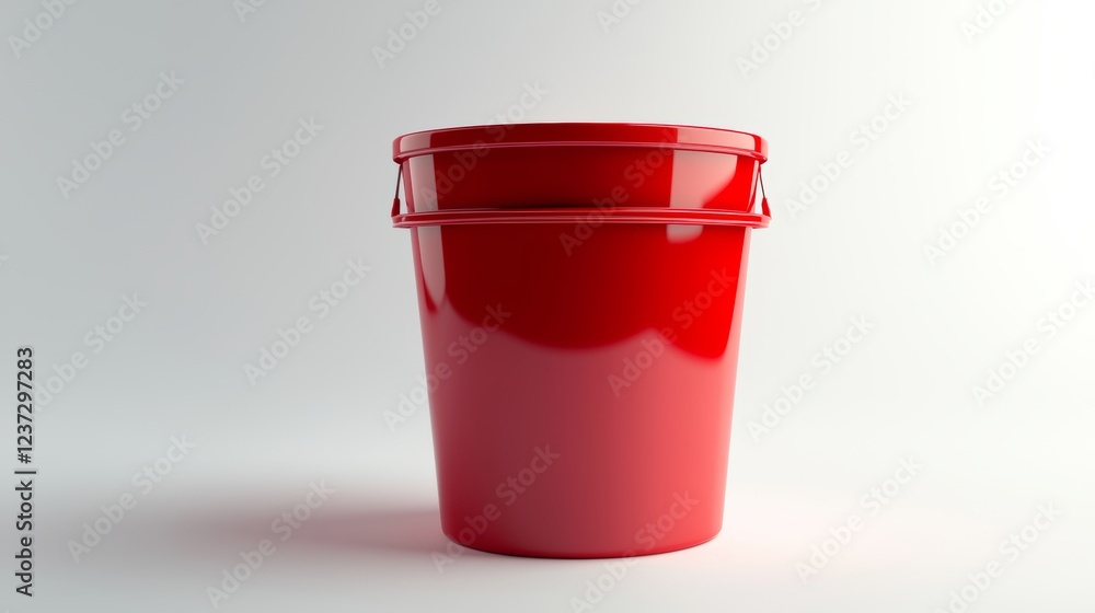 A classic red plastic bucket, slightly tilted on a seamless white surface, photorealistic, crisp textures, and balanced lighting for commercial appeal A classic red plastic bucket, slightly tilted on a seamless white surface, photorealistic, crisp textures, and balanced lighting for commercial appeal