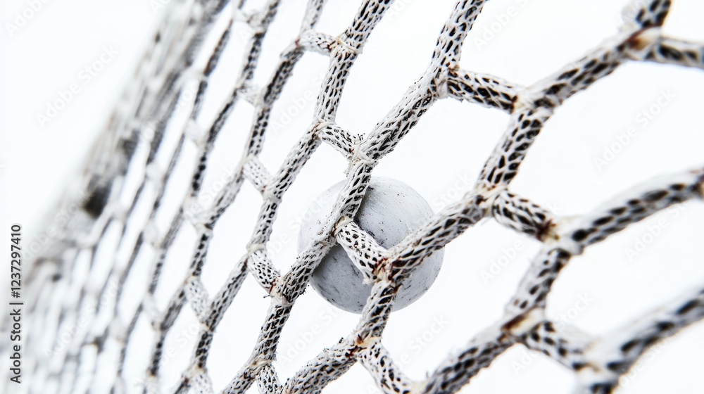 A close-up of a hockey net with a puck stuck in the mesh, clean white background, photo-realistic, high-resolution details, sharp focus A close-up of a hockey net with a puck stuck in the mesh, clean white background, photo-realistic, high-resolution details, sharp focus