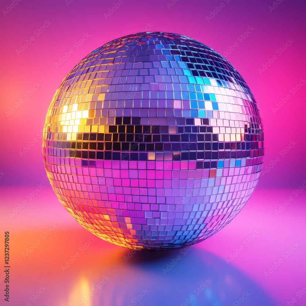 Obraz premium A vibrant disco ball reflecting colorful lights against a dreamy pink and purple background. Perfect for party invitations, club promotions, nightlife, and retro-themed visuals