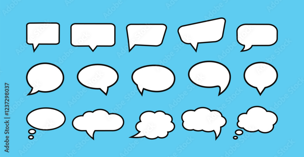 Obraz premium Set, collection of flat style vector speech bubbles, clouds, baloons. Talking, speaking, chatting, screaming, laughing, thinking, dreaming bubbles. Modern motion design shapes with rounded edges.
