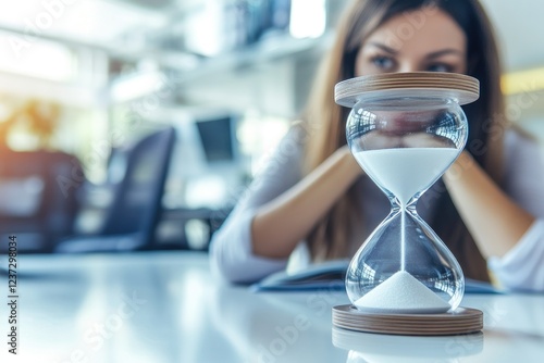 A woman waiting at work sits tired looks at an hourglass standing on the table