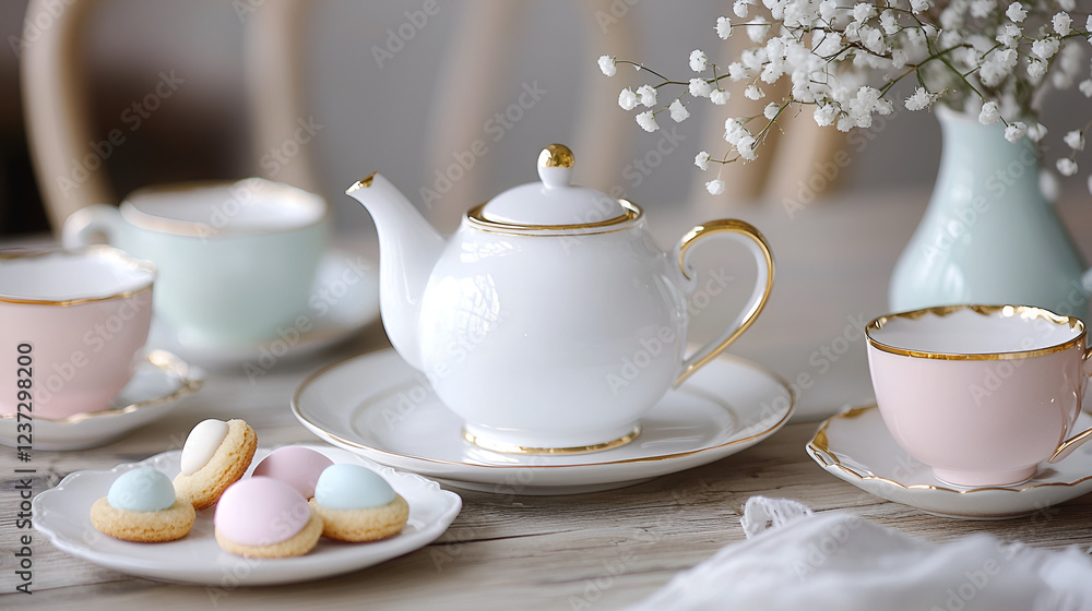 Pastel-colored teacups, teapot, and cookies create a delicate and elegant tea party scene. Pastel-colored teacups, teapot, and cookies create a delicate and elegant tea party scene.