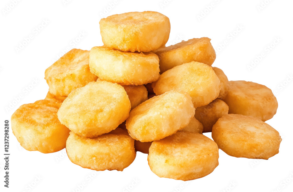 Golden crispy nuggets piled high on a plate isolated on transparent background Golden crispy nuggets piled high on a plate isolated on transparent background