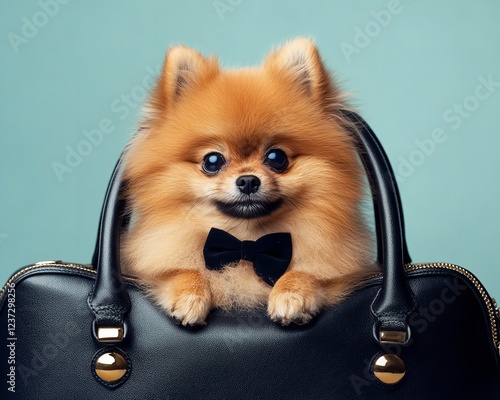 Fluffy Pomeranian Sitting in Luxurious Handbag, Looking Stylish with a Bow Tie photo