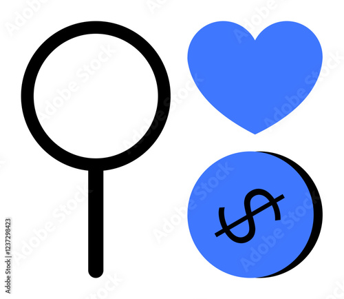 Magnifying glass, heart, and coin with dollar sign. Ideal for financial analysis, online dating, market research, love and relationships, financial growth personal development self-care. Abstract