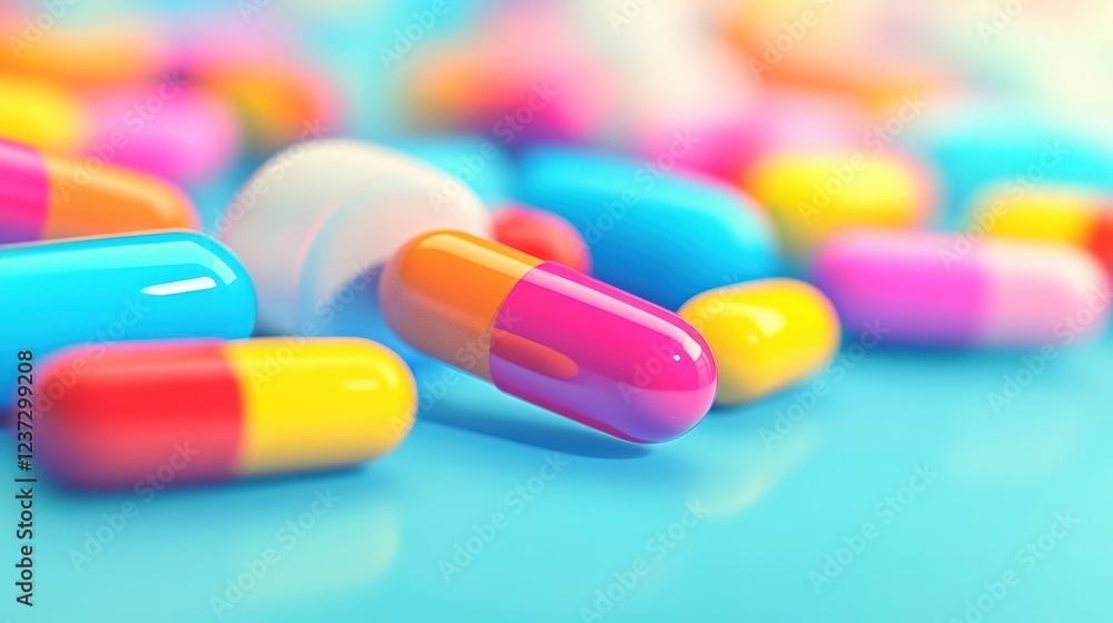 Close-up of colorful capsules and pills on a bright blue surface creating a vibrant and playful composition Close-up of colorful capsules and pills on a bright blue surface creating a vibrant and playful composition