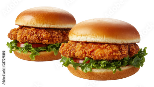 Crispy chicken sandwiches with lettuce and tomato isolated on transparent background