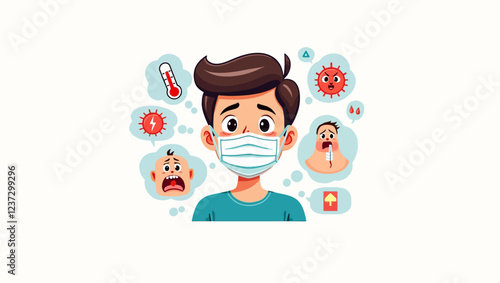 Flu set, flu symptoms fever, headache, rhinitis, cough, sore throat, fatigue, wearing mask, cartoon vector illustration isolated on white background. Flu symptoms and prevention set