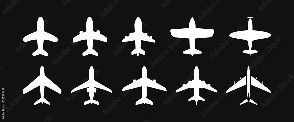 Airplane icon set. Aircraft vector sign. Airport arrival departure symbol Airplane icon set. Aircraft vector sign. Airport arrival departure symbol
