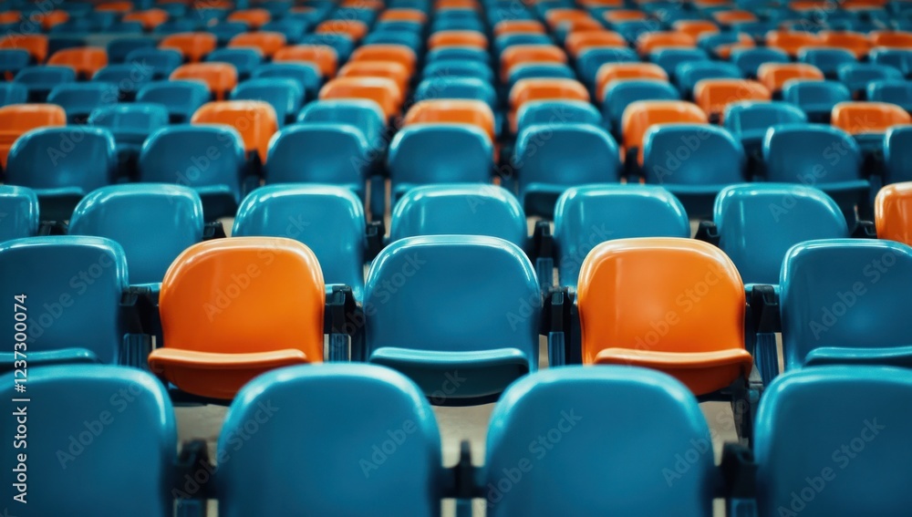 Rows of teal stadium seats with occasional orange seats stand empty Rows of teal stadium seats with occasional orange seats stand empty