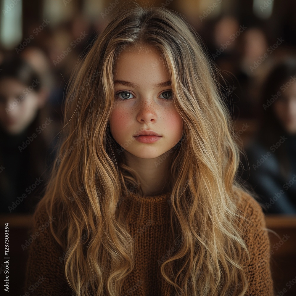 A young girl with blue eyes sitting in a church pew, surrounded by a softly blurred background of people. Ideal for storytelling or portrait themes. A young girl with blue eyes sitting in a church pew, surrounded by a softly blurred background of people. Ideal for storytelling or portrait themes.